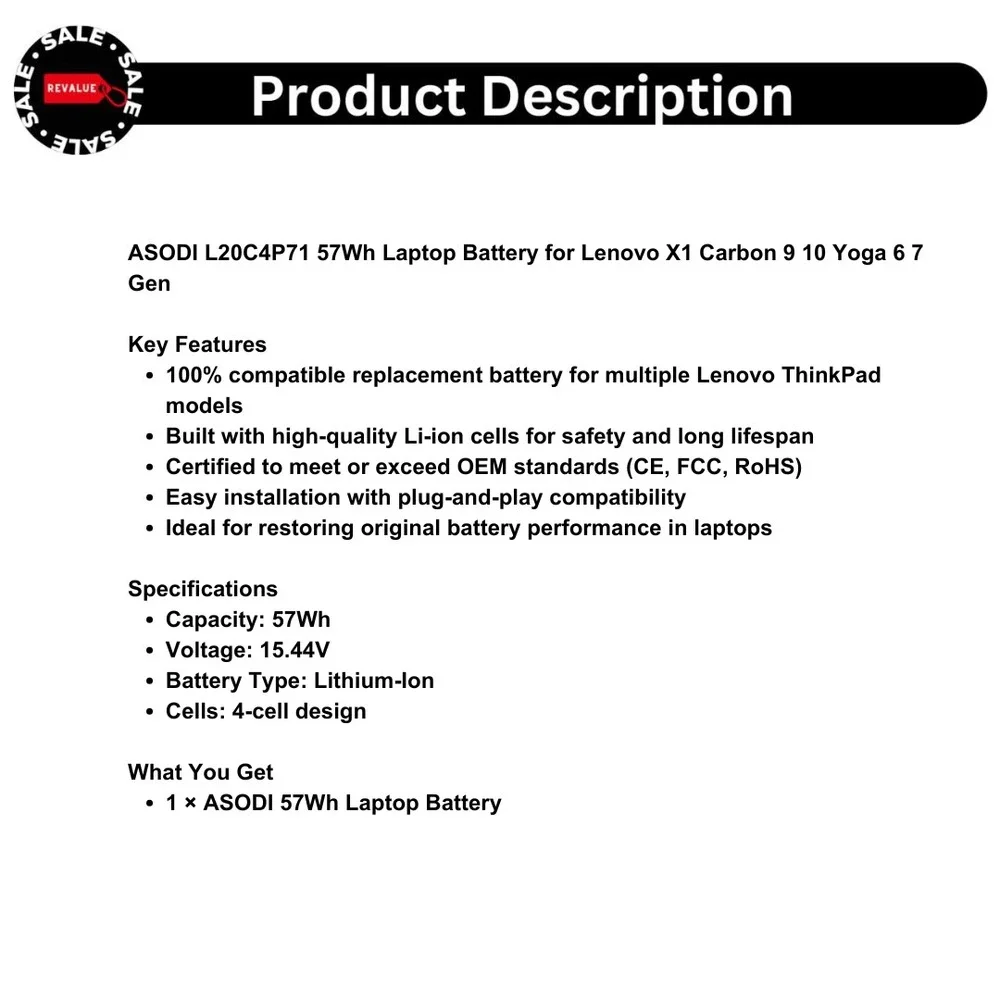 ASODI‎ L20C4P71 57Wh Laptop Battery for Lenovo X1 Carbon 9 10 Yoga 6 7 Gen